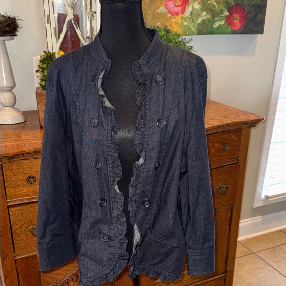 LOFT Dark Indigo Ruffle-Front Jean Jacket - EUC -Size XL